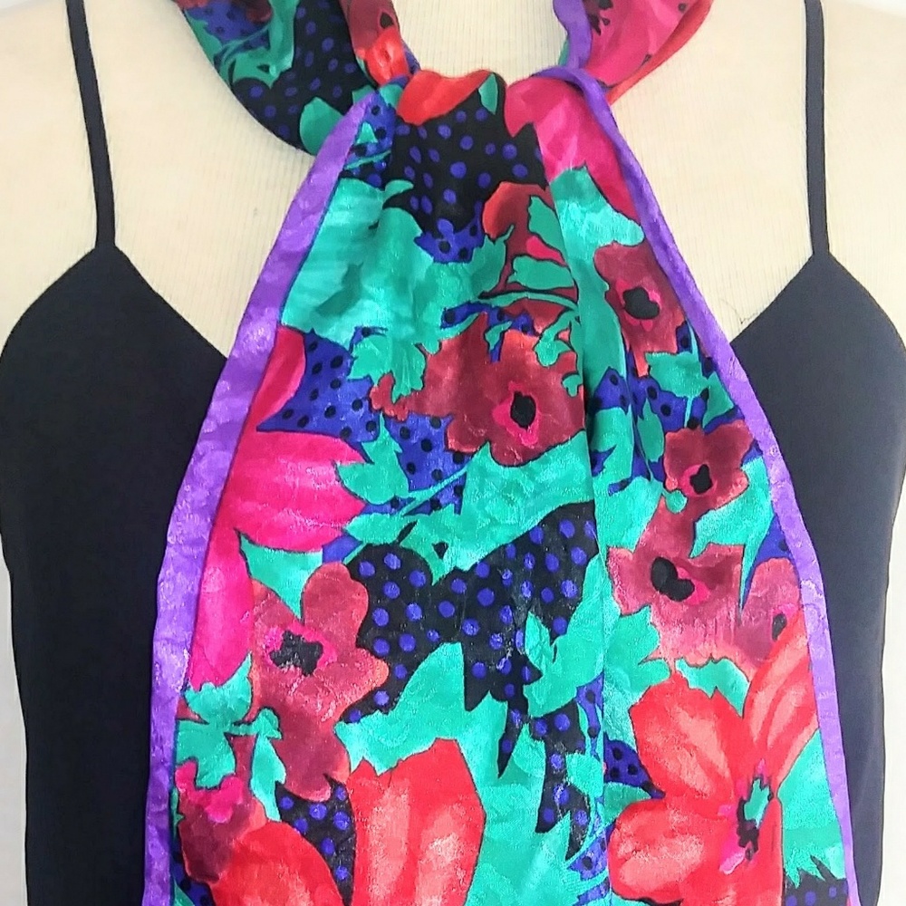 Purple And Teal Floral Silky Scarf